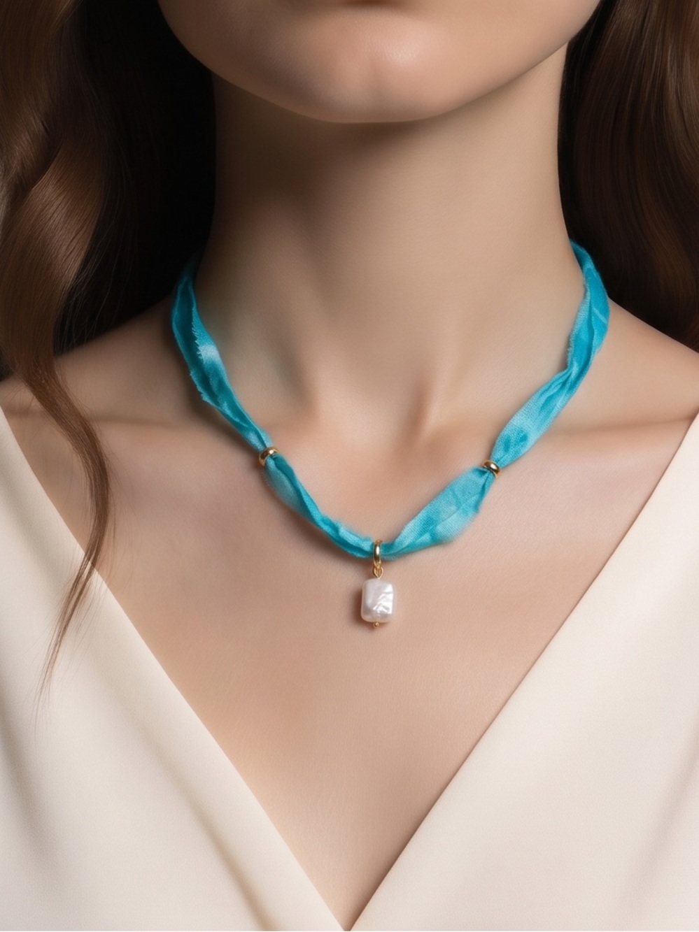 Turquoise Silk Ribbon Necklace with Pearl Pendant